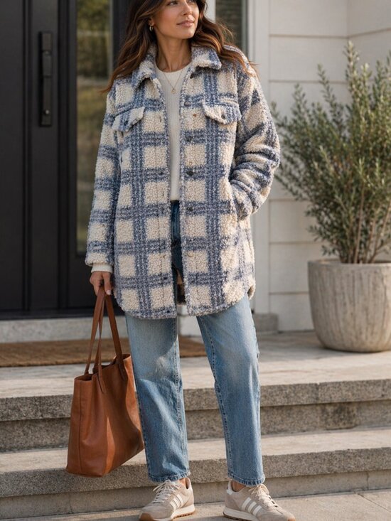 Lulus Jackets & Blazers - Lulus Winter Winds Blue Plaid Teddy Shearling Jacket Small
